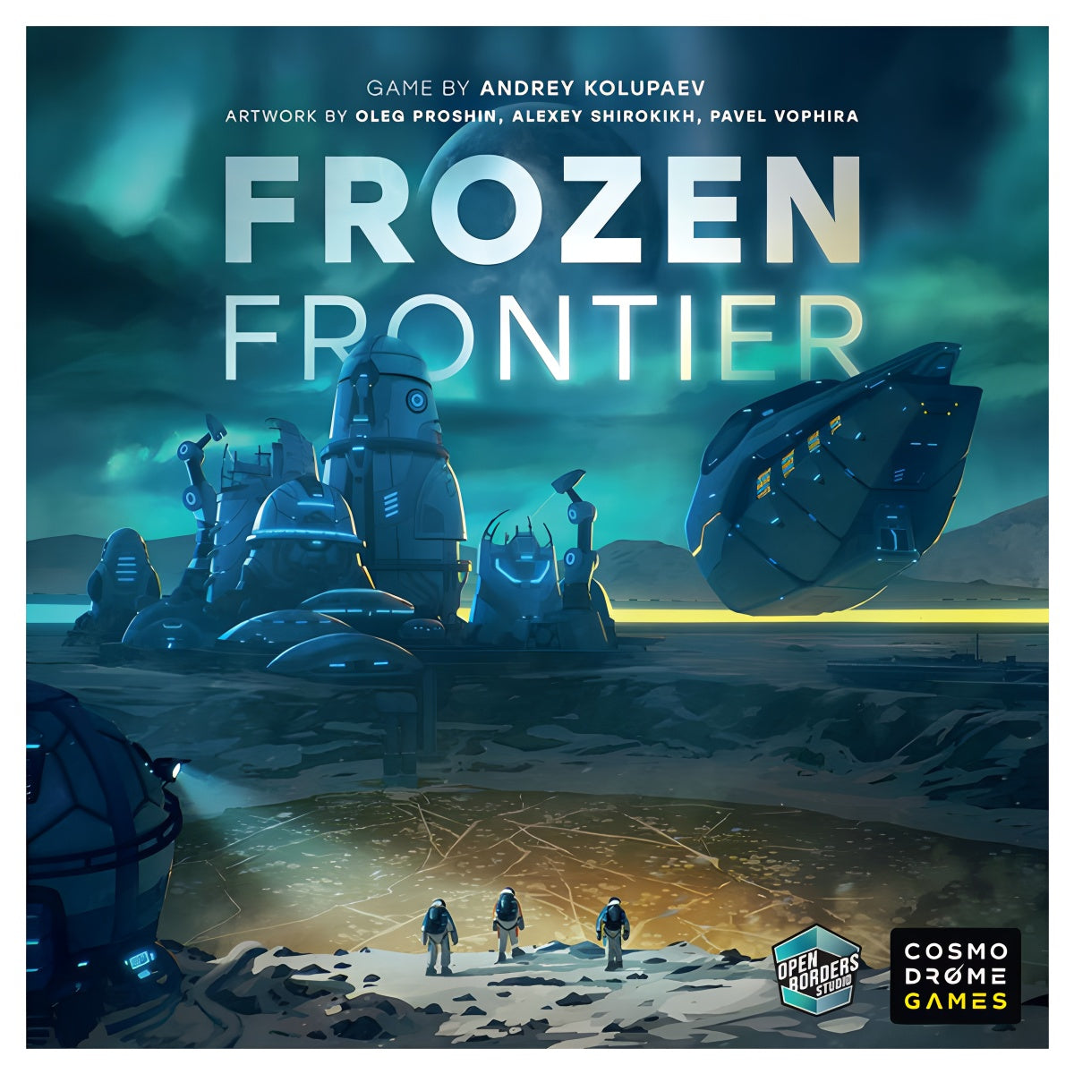 Futuristic board game cover for Frozen Frontier featuring icy landscapes and advanced spacecraft.
