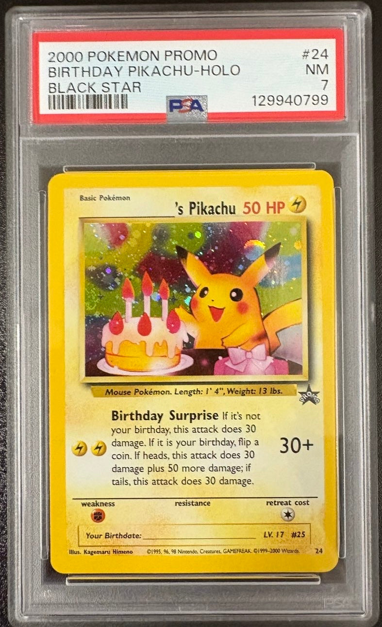 BIRTHDAY PIKACHU-HOLO BLACK STAR 2000 POKEMON PROMO BLACK STAR PSA NM 7