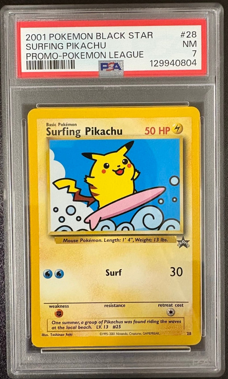 SURFING PIKACHU PROMO-POKEMON LEAGUE 2001 POKEMON PROMO BLACK STAR PSA NM 7