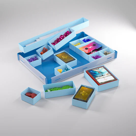 Gamegenic Token Silo XL Convertible in blue, featuring various compartments for organizing tokens, cards, and accessories.