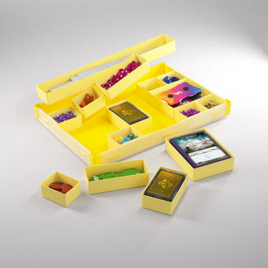Gamegenic Token Silo XL Convertible in yellow, featuring multiple compartments for organizing tokens and cards.