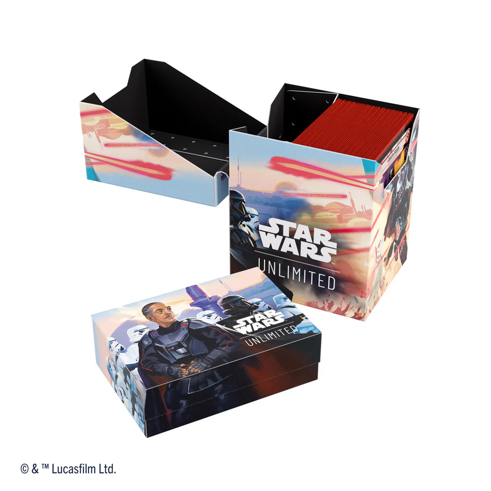 Gamegenic Deck Box featuring Star Wars Unlimited design with Mandalorian and Moff Gideon, ideal for card storage.