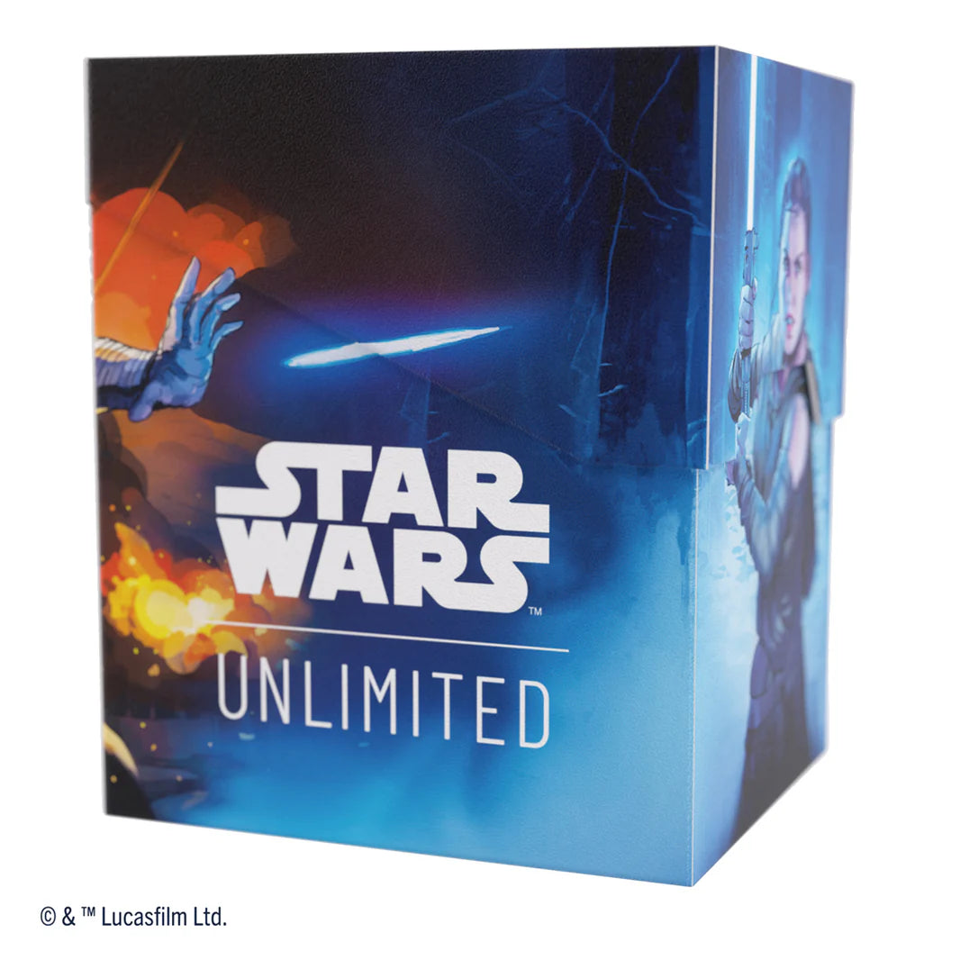 Gamegenic Deck Box featuring Star Wars Unlimited design with Rey and Kylo Ren artwork, ideal for card storage and protection.