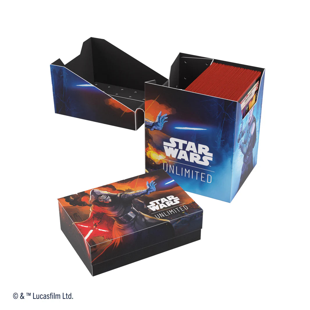Gamegenic Deck Box featuring Star Wars Unlimited design with Rey and Kylo Ren, ideal for card storage and protection.
