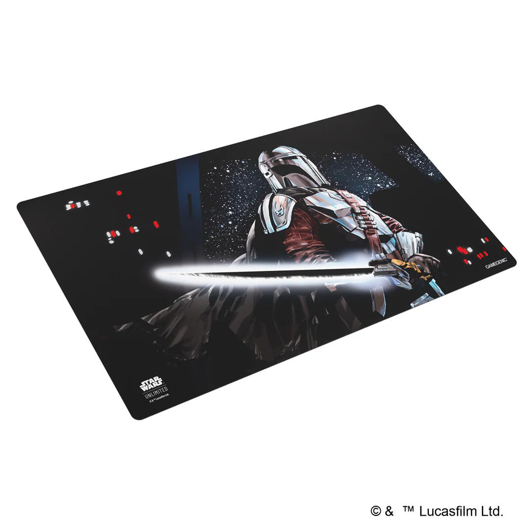 Gamegenic Playmat featuring the Mandalorian from Star Wars Unlimited, showcasing a dynamic design with vibrant colors.