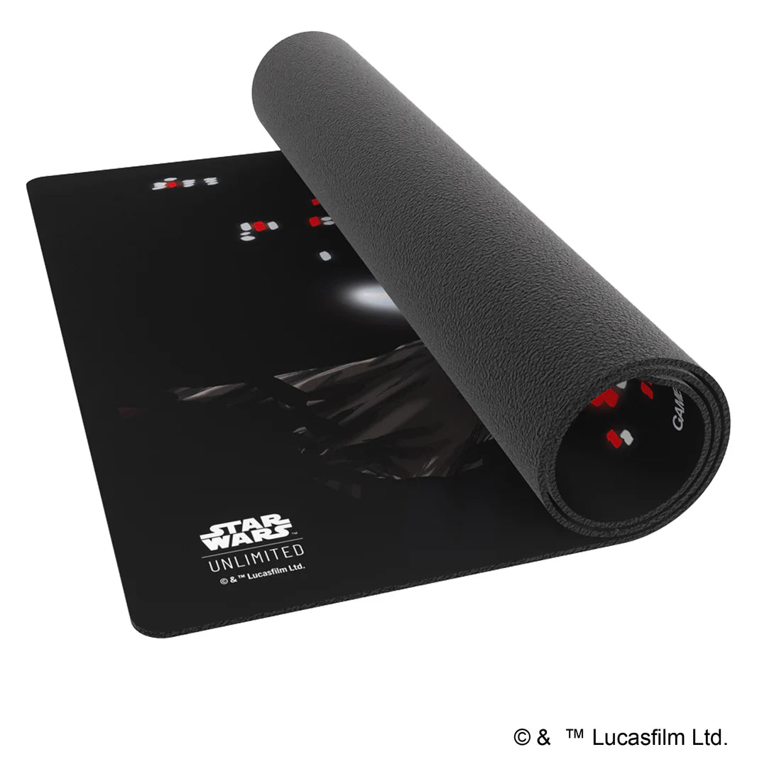 Black Gamegenic playmat featuring a Mandalorian design from Star Wars Unlimited, rolled partially for display.