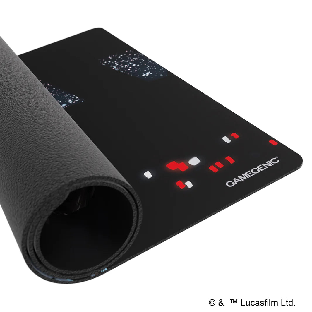Gamegenic Playmat featuring a Star Wars Unlimited Mandalorian design, showcasing a sleek black surface with vibrant graphics.
