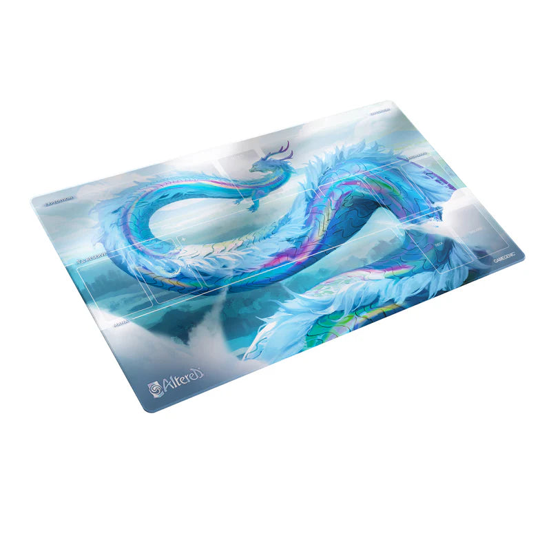Vibrant playmat featuring Kuraokami, a majestic dragon, with swirling blue and purple hues on a serene background.