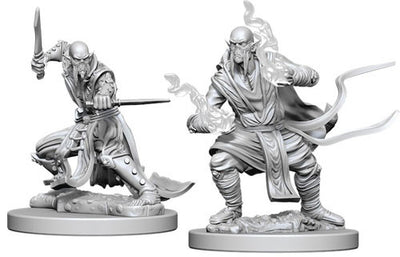 Unpainted Githzerai miniatures for Dungeons & Dragons, featuring two dynamic poses with weapons and flowing garments.