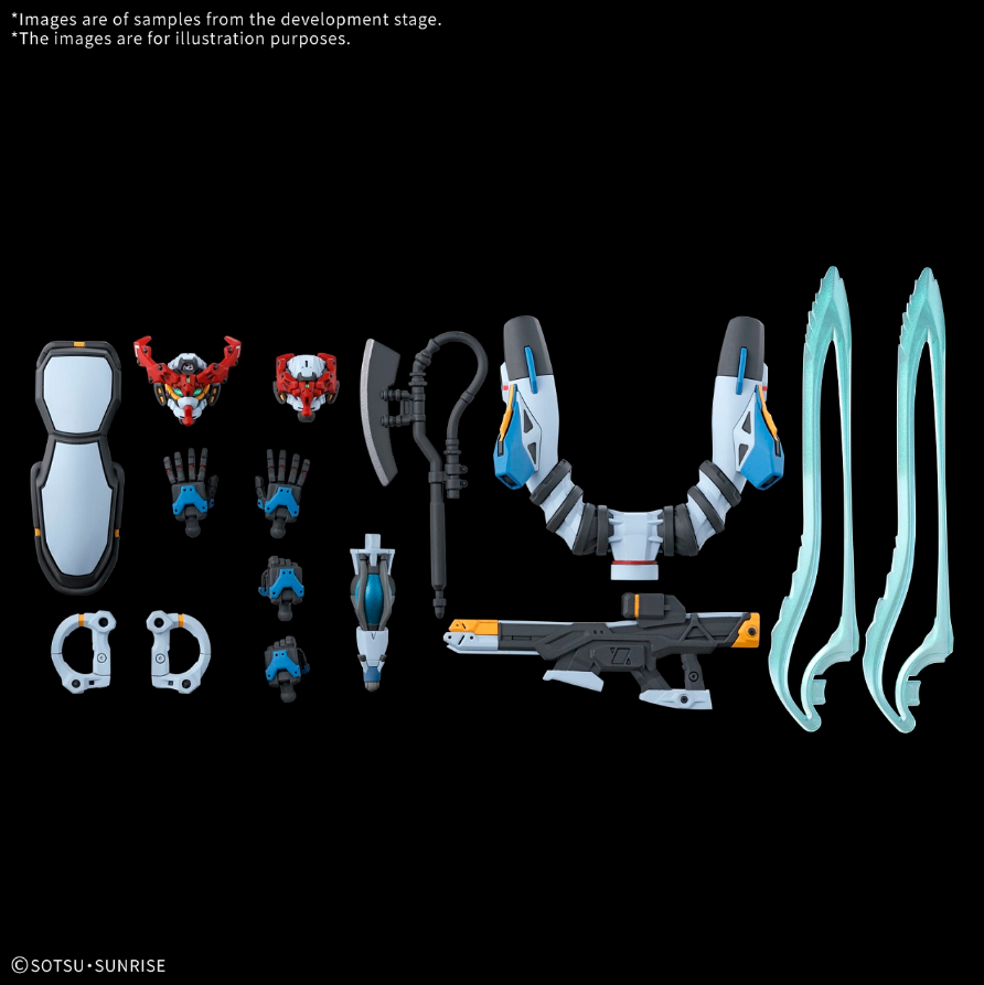 HG 1/144 MS Gundam GQuuuuuuX model kit components including weapons, armor parts, and accessories arranged neatly.