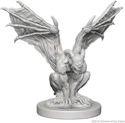 Unpainted miniature of a gargoyle with large wings, sharp claws, and a fierce expression, designed for Dungeons & Dragons gameplay.