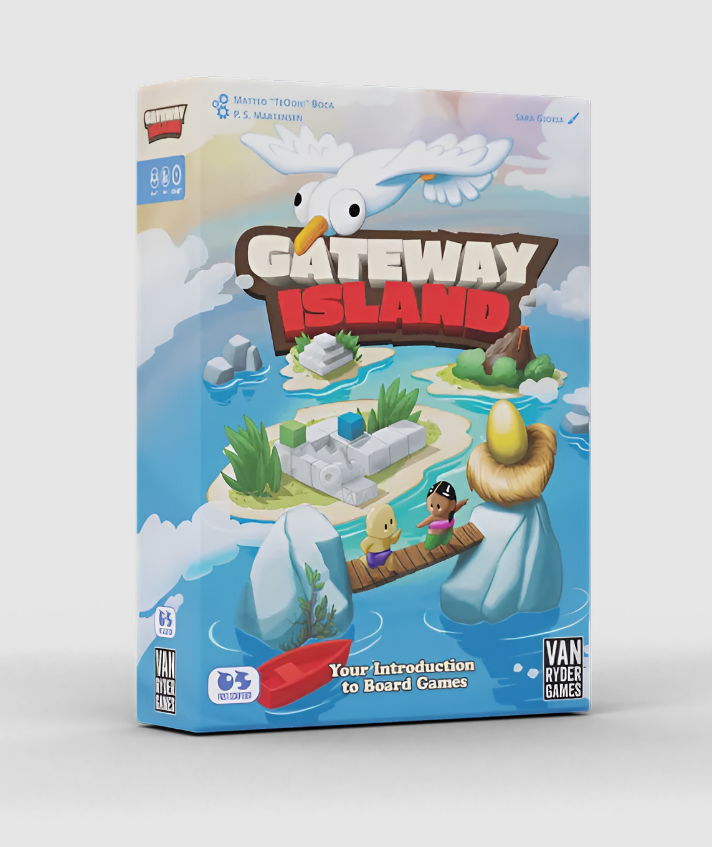 Colorful board game box for "Gateway Island," featuring a whimsical island scene with characters and a seagull.