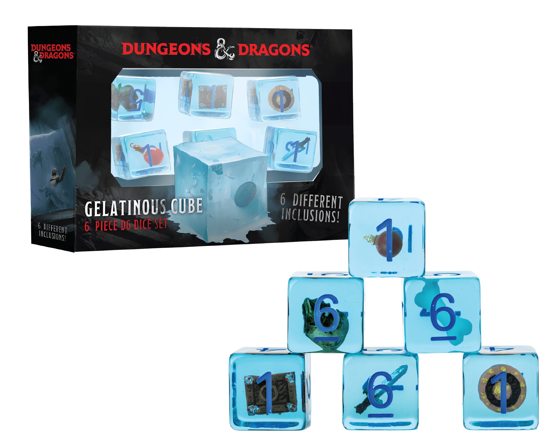 Dungeons and Dragons 16mm Gelatinous Cube dice set featuring six unique inclusions, displayed with packaging.