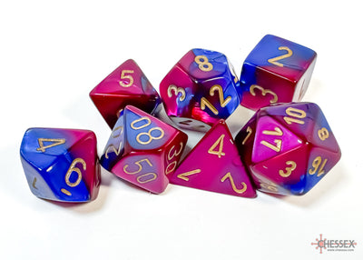 Chessex Gemini Blue-Purple/Gold 7-die set featuring vibrant blue and purple colors with gold numbering.