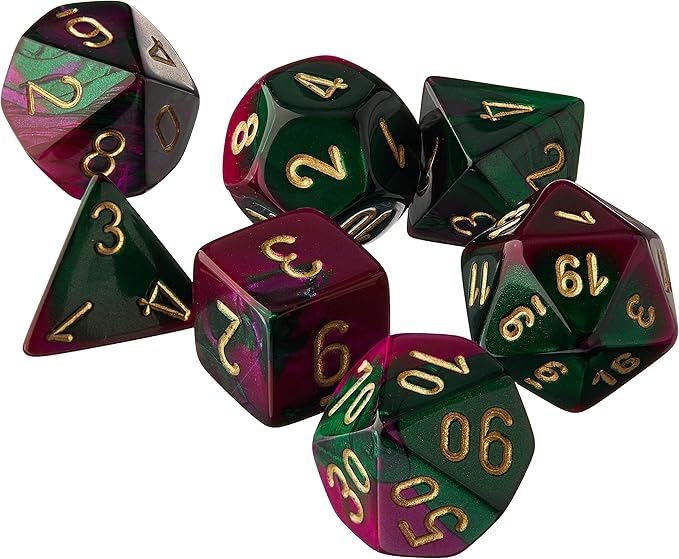 Chessex Gemini Green-Purple/Gold 7-die set featuring vibrant green and purple colors with gold numbering.
