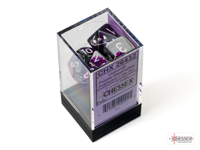 Chessex Gemini Purple-Steel/White 7-die set in a clear display box, featuring purple and steel colors with white numbering.