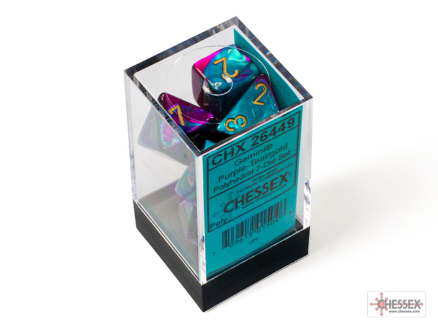 Chessex Gemini Purple-Teal/Gold 7-die set displayed in a clear box with a blue label, showcasing vibrant colors and gold numbering.