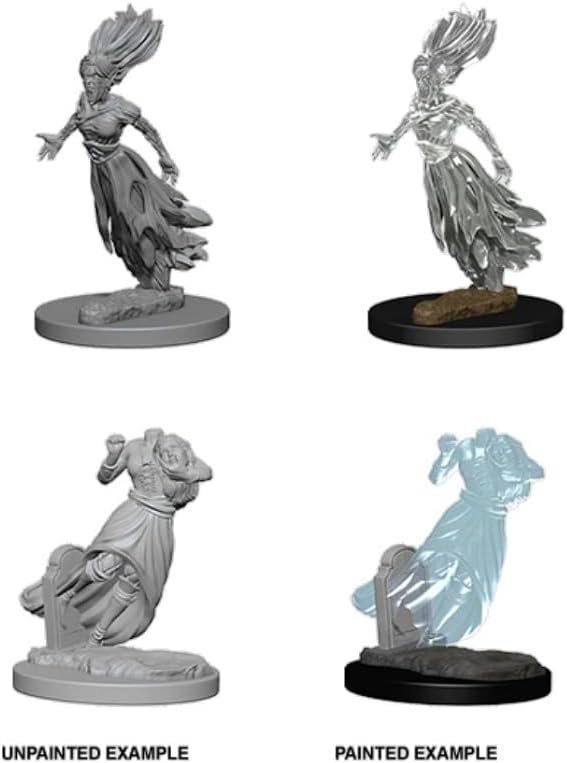 Unpainted and painted examples of Nolzur's Marvelous Miniatures Ghosts for Dungeons & Dragons, showcasing detailed designs.