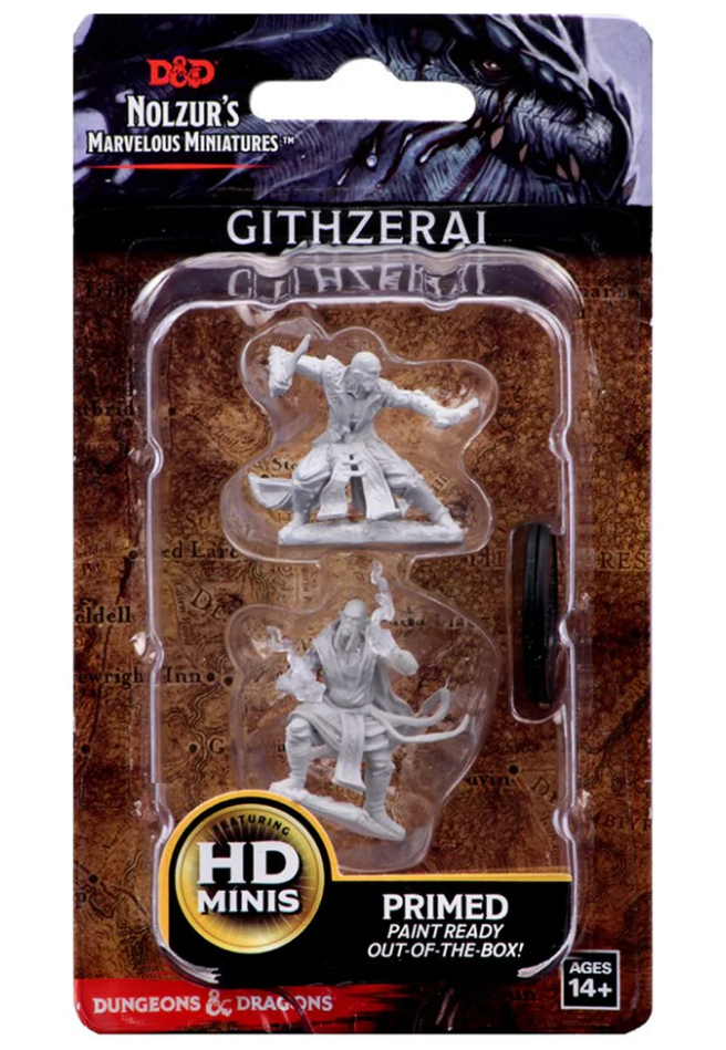 Unpainted Githzerai miniatures for Dungeons & Dragons, primed and ready for painting, displayed in packaging.