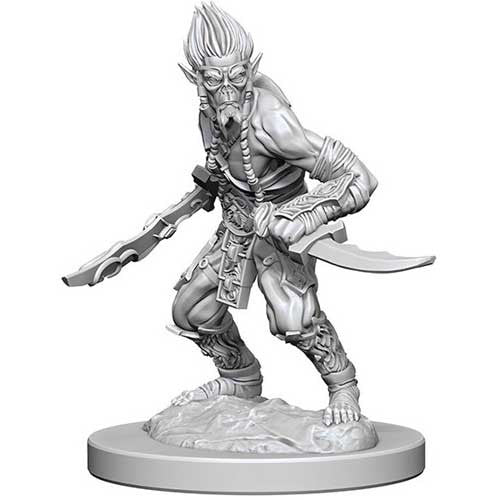 Unpainted Githyanki miniature for Dungeons & Dragons, featuring intricate details and dual swords in an action pose.