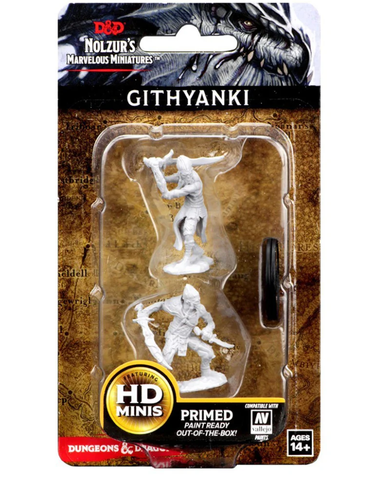 Unpainted Githyanki miniatures from Dungeons & Dragons, primed and ready for painting, featuring two detailed figures.