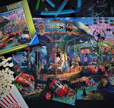 1000-piece puzzle featuring a gloomy carnival scene with a carousel, abandoned rides, and vibrant colors.
