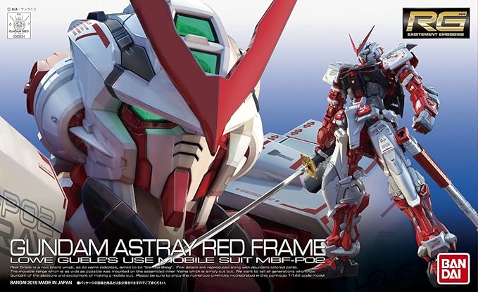 Gundam Astray Red Frame RG 1/144 model kit featuring detailed design and vibrant colors, showcasing its iconic features.