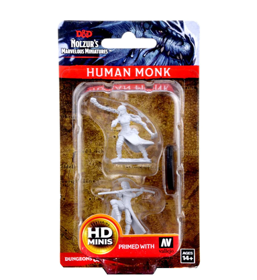 Unpainted Dungeons & Dragons Nolzur's Marvelous Miniatures set featuring a human female monk in a clear packaging.