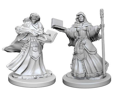 Unpainted miniatures of two female wizards from Dungeons & Dragons, featuring detailed robes and spellcasting poses.