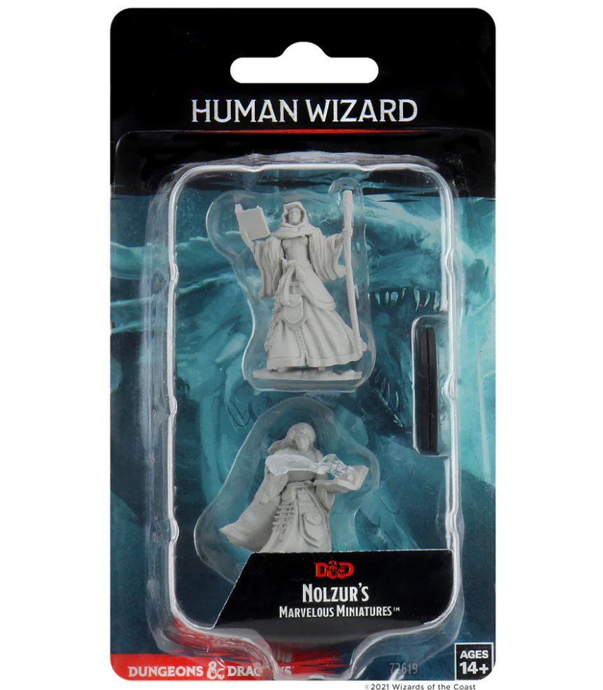 Unpainted miniatures of a human female wizard from Dungeons & Dragons, featuring two detailed figures in a blister pack.