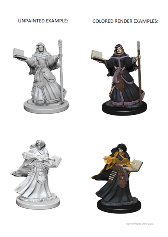 Unpainted and colored examples of Nolzur's Marvelous Unpainted Miniatures W01 Human Female Wizard for Dungeons & Dragons.