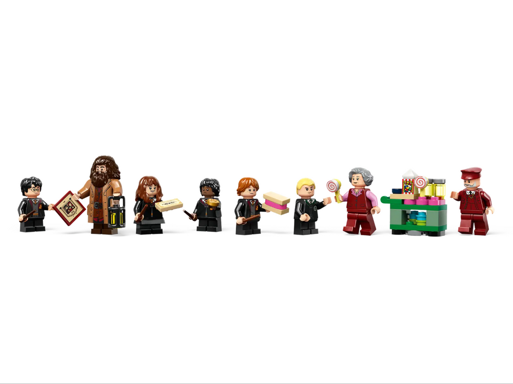 LEGO Harry Potter set featuring characters from Hogwarts Express and Hogsmeade Station with accessories and a candy cart.