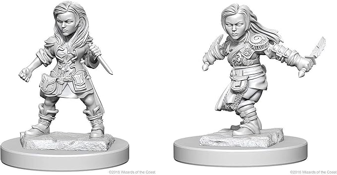 Unpainted miniature of a female halfling rogue from Dungeons & Dragons, featuring detailed armor and a dagger.