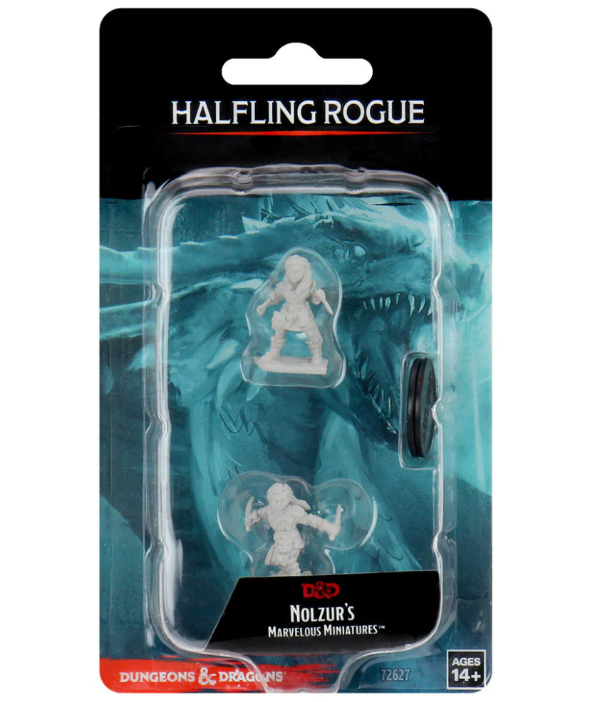Unpainted miniature of a female halfling rogue from Dungeons & Dragons, packaged with a dragon-themed background.