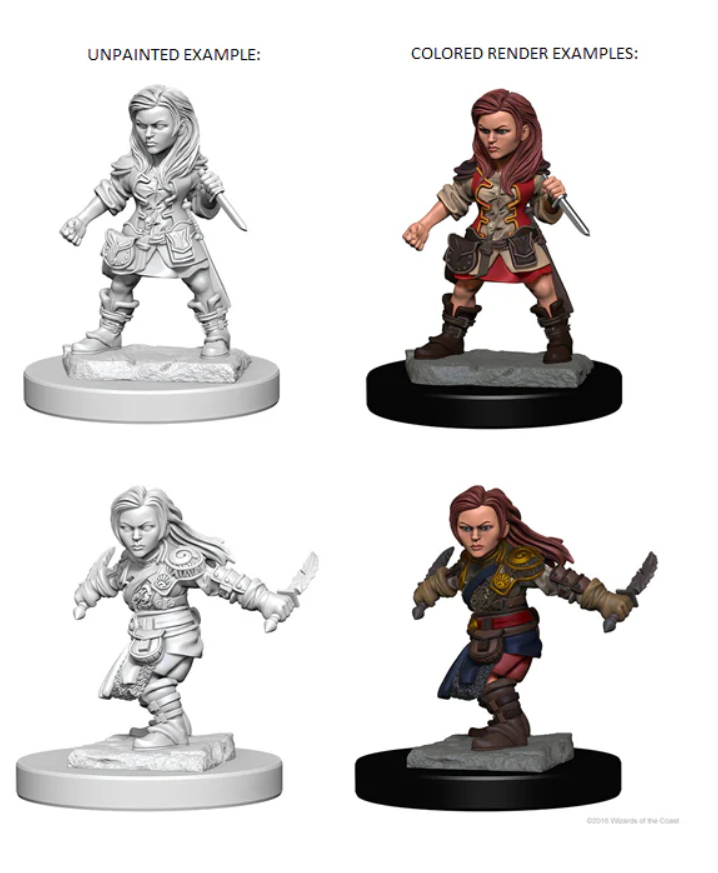 Unpainted and colored examples of Nolzur's Marvelous Miniatures Halfling Female Rogue for Dungeons & Dragons.