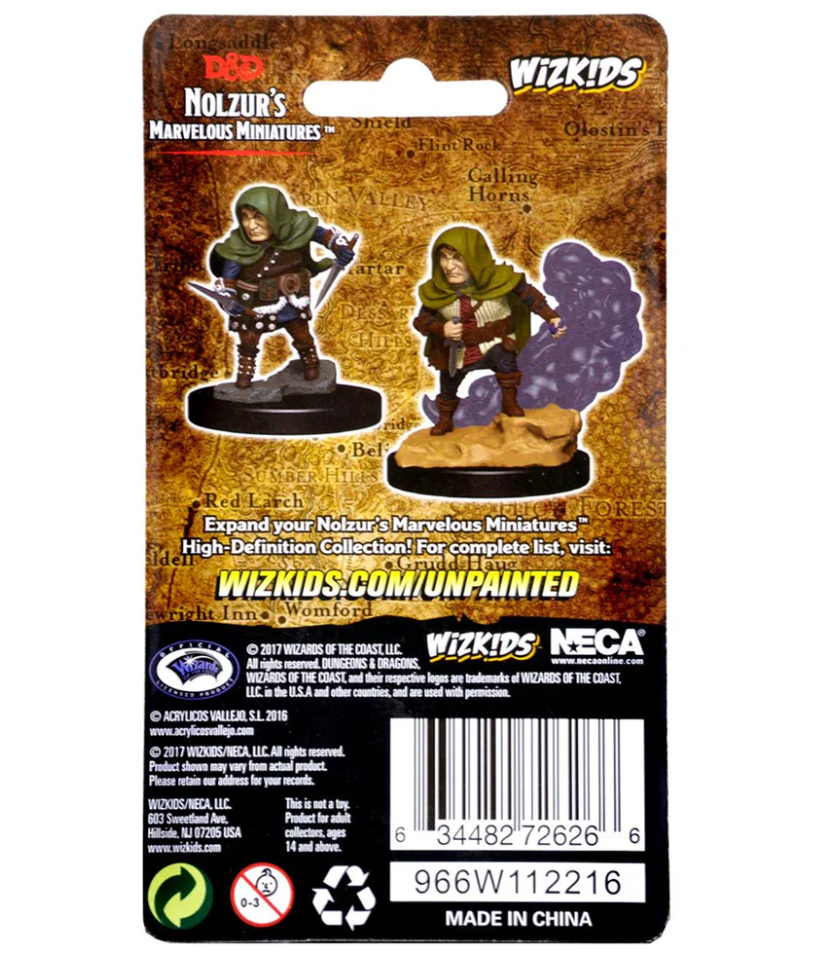 Unpainted Nolzur's Marvelous Miniatures Halfling Male Rogue figure, featuring two poses and a smoke effect base.