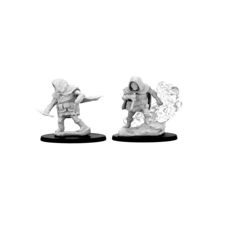 Unpainted miniatures of a male halfling rogue from Dungeons & Dragons, featuring two dynamic poses with weapons.