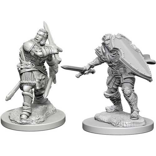 Unpainted Dungeons & Dragons miniatures featuring two human male paladins in dynamic poses, ready for tabletop gaming.