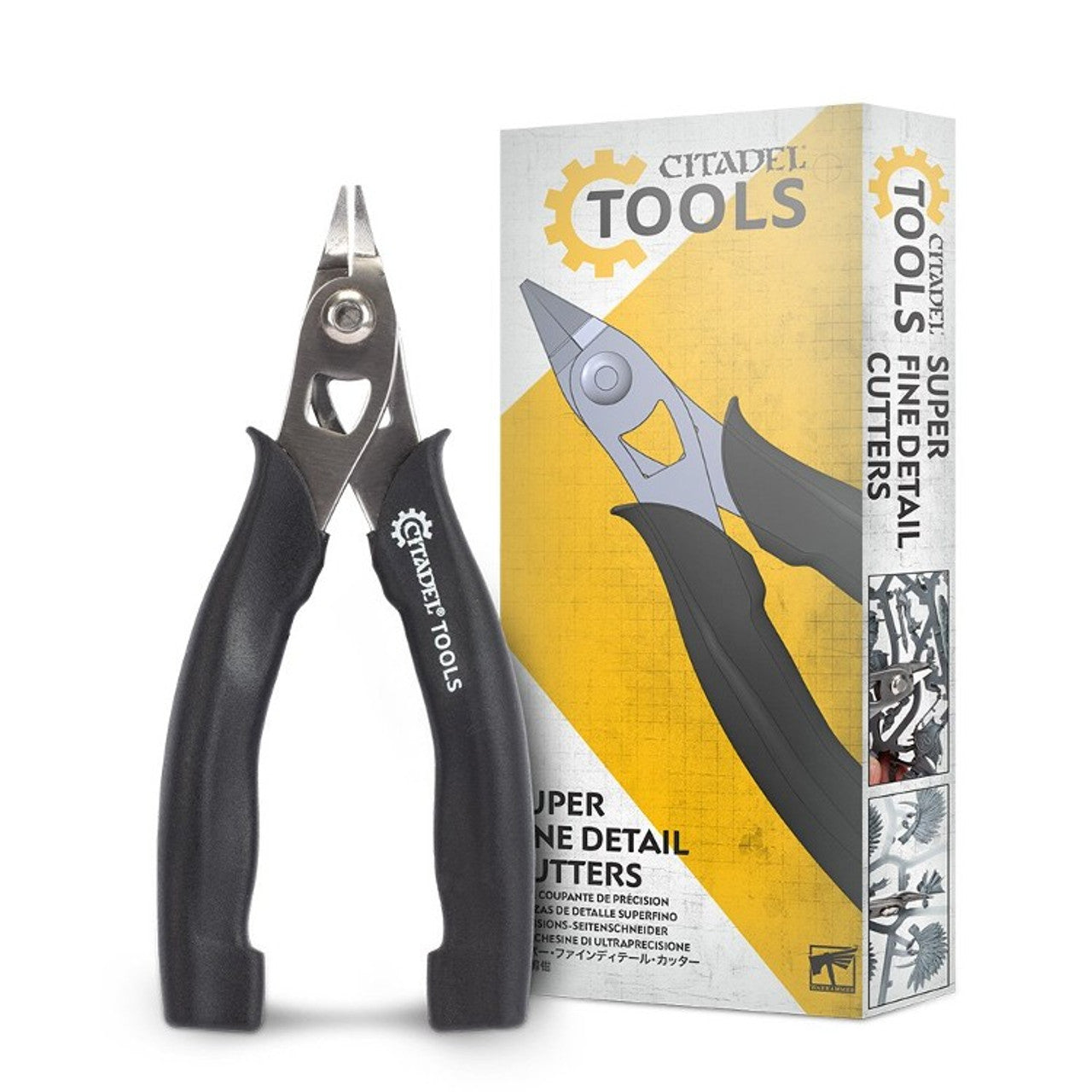Citadel Tools Super Fine Detail Cutters with ergonomic black handles and precision cutting edges, displayed beside packaging.