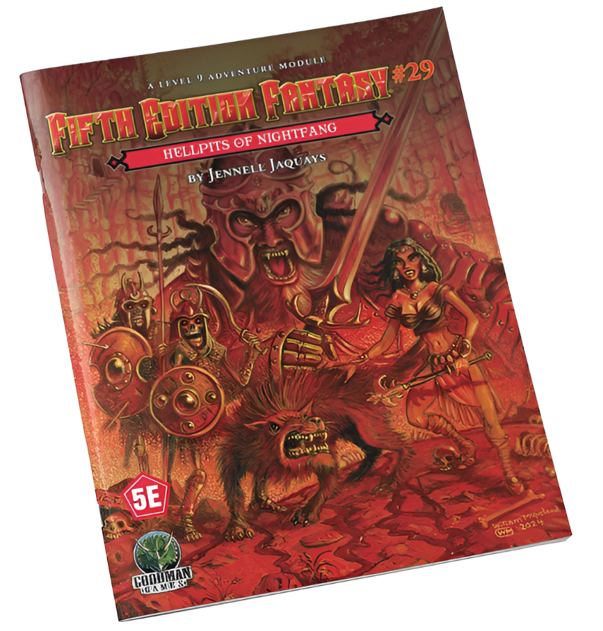 D&D 5E adventure module "Hellpits of Nightfang," featuring a vibrant cover with fantasy artwork and characters.