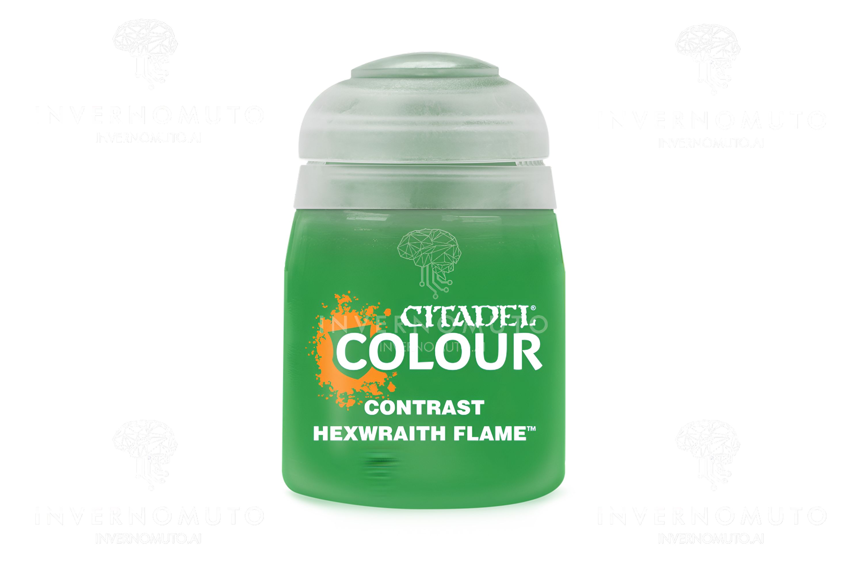 Citadel Contrast paint in Hexwraith Flame, 18ml bottle, featuring a vibrant green color for miniature painting.