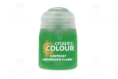 Citadel Contrast paint in Hexwraith Flame, 18ml bottle, featuring a vibrant green color for miniature painting.