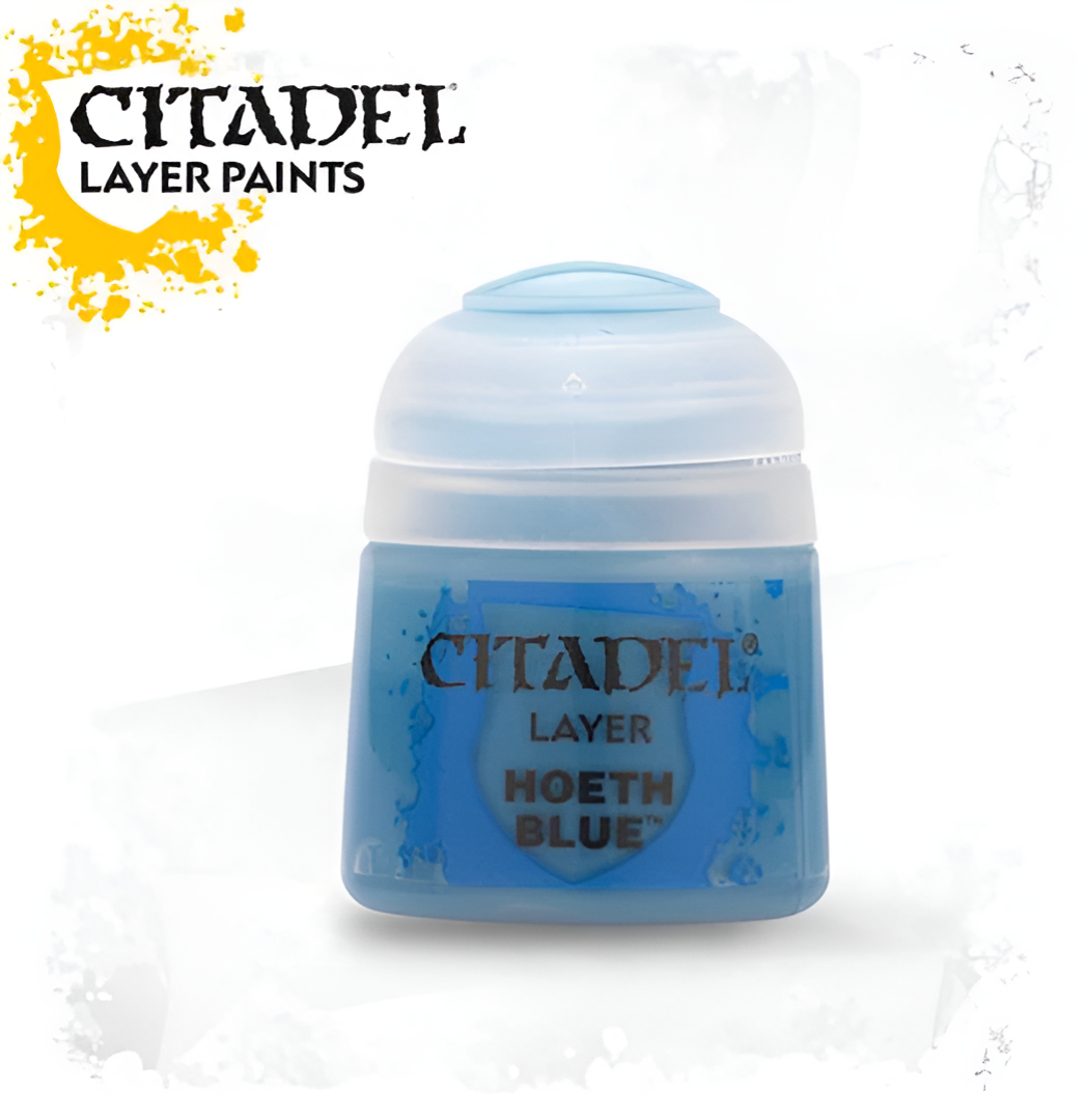 Citadel Layer paint in Hoeth Blue, a 12ml container featuring a light blue color ideal for miniature detailing.