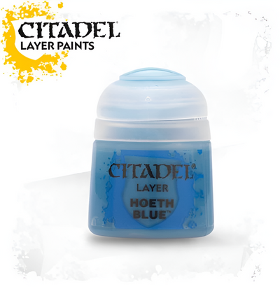 Citadel Layer paint in Hoeth Blue, a 12ml container featuring a light blue color ideal for miniature detailing.
