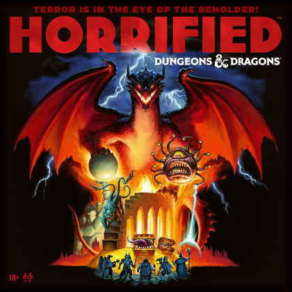 Box art for Horrified: Dungeons & Dragons featuring a dragon, monsters, and a haunted castle scene.