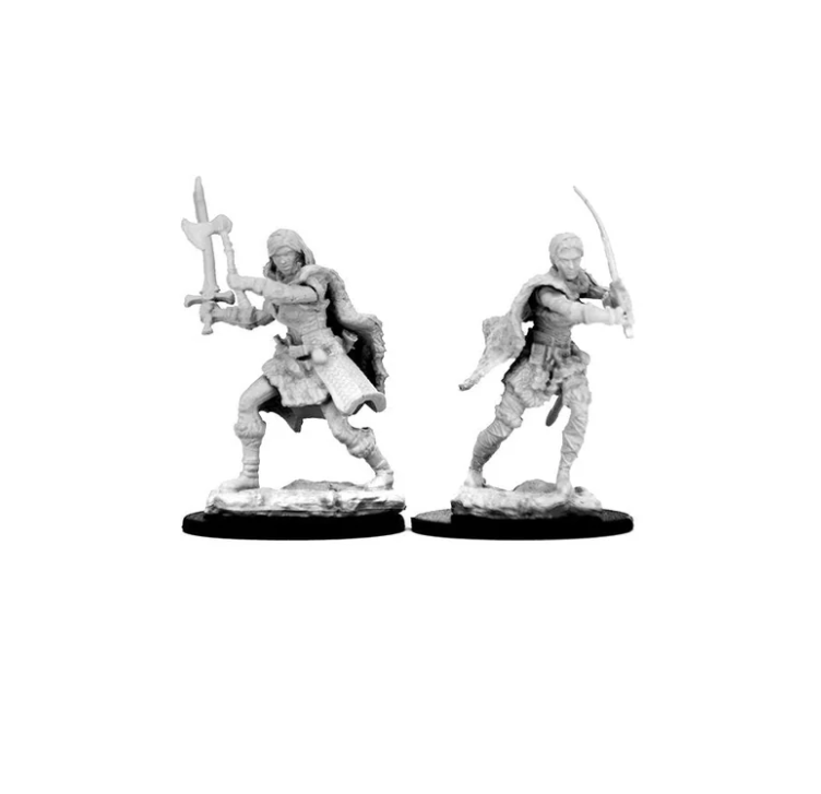 Unpainted miniatures of a human female barbarian wielding a sword and shield, ideal for Dungeons & Dragons gameplay.