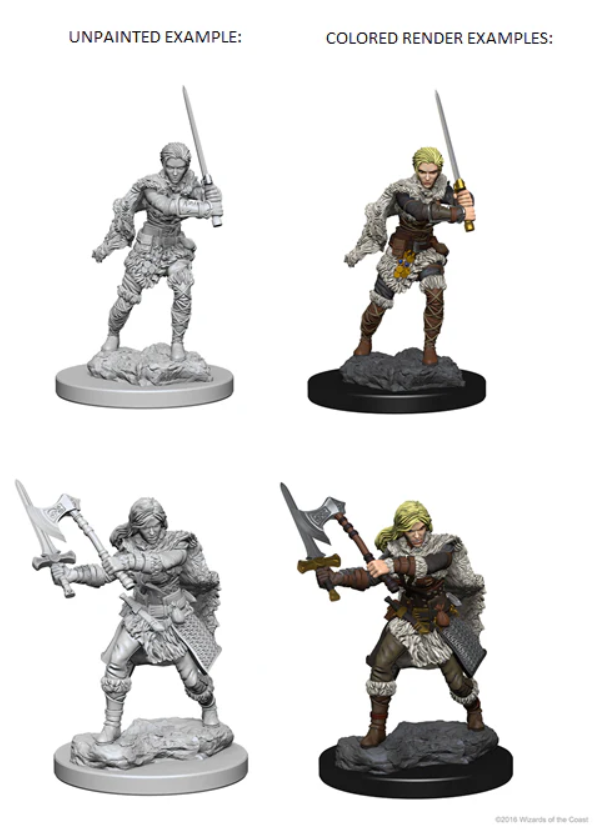 Unpainted and colored examples of Nolzur's Marvelous Miniatures Human Female Barbarian for Dungeons & Dragons.