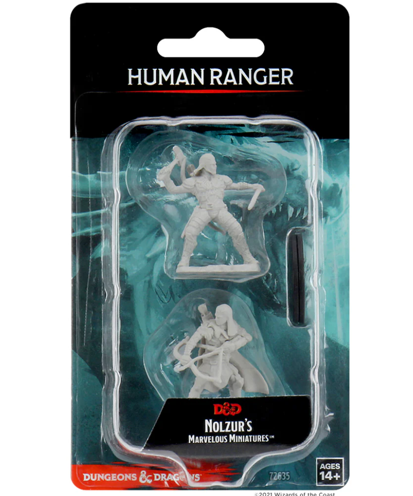 Unpainted miniatures of a human male ranger from Dungeons & Dragons, featuring two detailed figures in packaging.