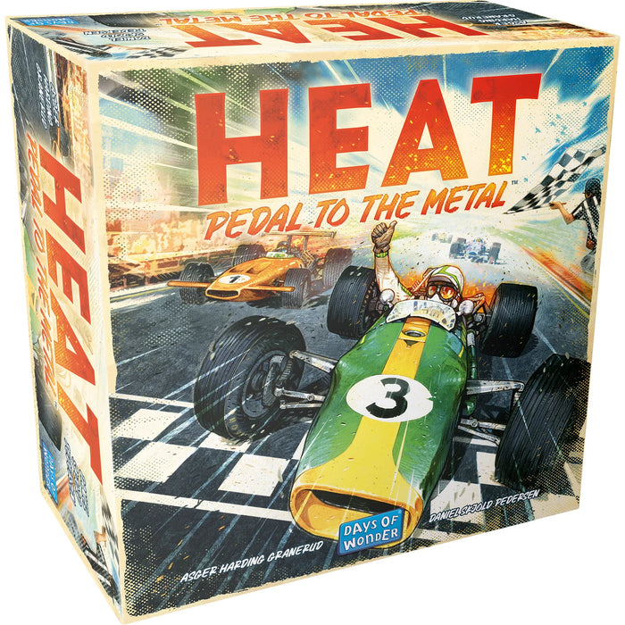 Box art for "Heat: Pedal to the Metal" featuring a race car driver celebrating victory on a racetrack.