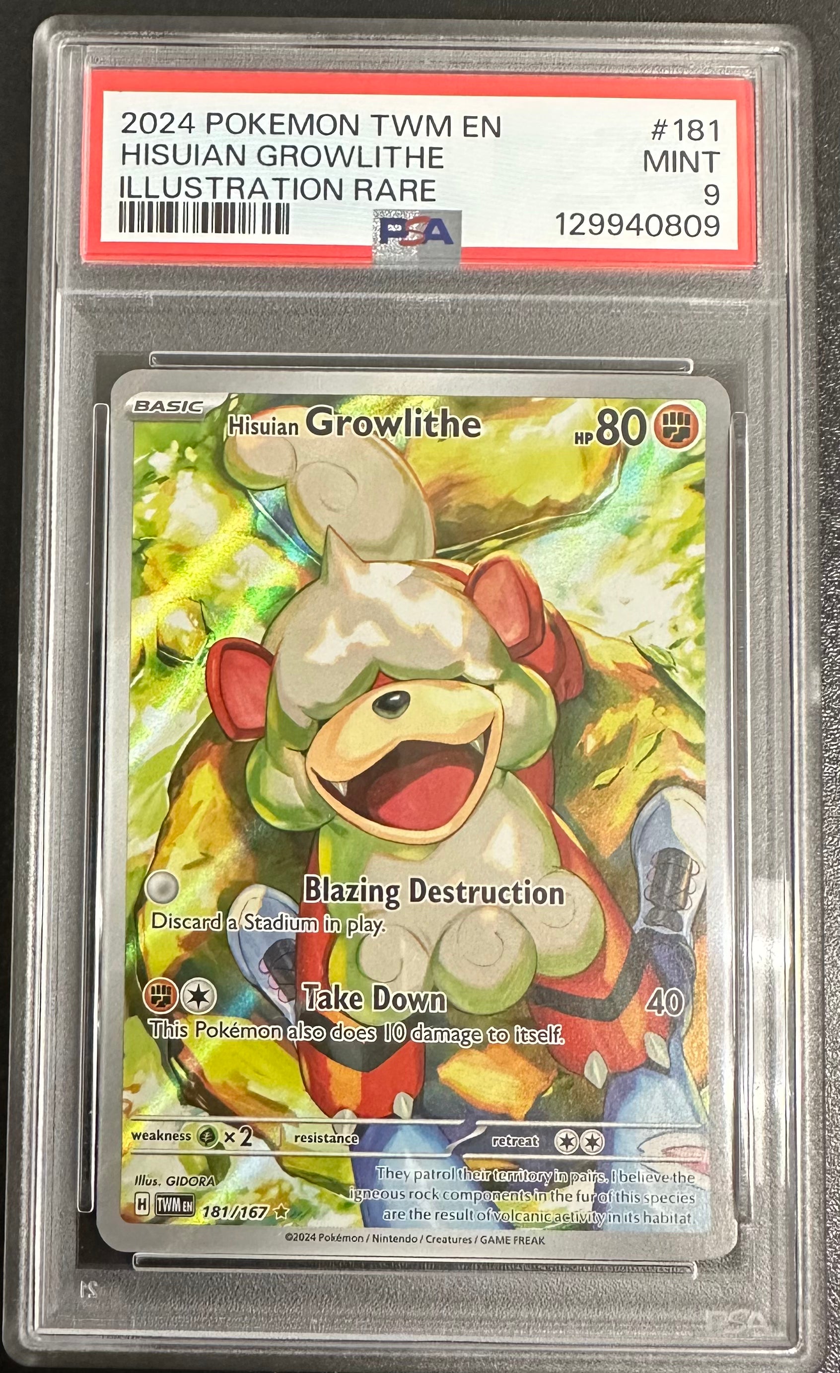 2024 Pokemon TWM EN - Twilight Masquerade - #181 Hisuian Growlithe Illustration Rare PSA 9